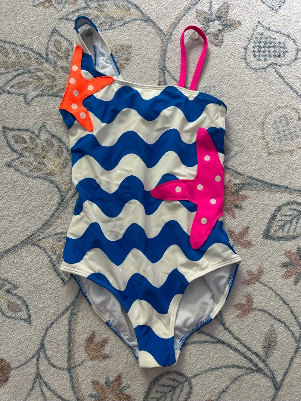 BODEN | Girls' 9-10Y Blue & White Wave One-Piece Swimsuit with Starfish